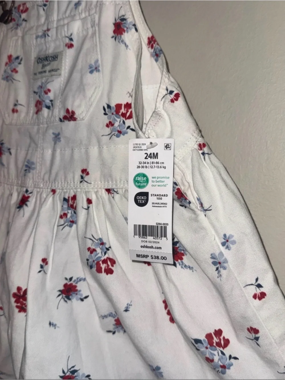 OshKosh B'gosh White  red and blue Floral Overall Pinafore Size 24M NWT